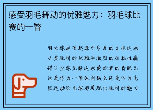 感受羽毛舞动的优雅魅力：羽毛球比赛的一瞥